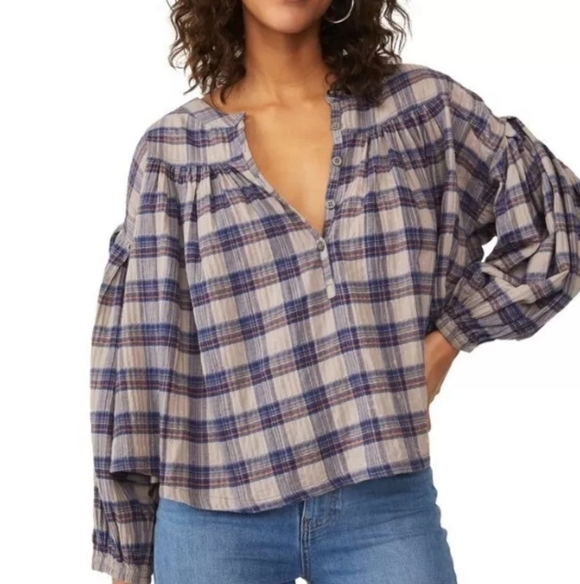 Free People We The Free Jessi Plaid Pleated Trapeze Top Balloon Sleeves Large - Picture 16 of 16